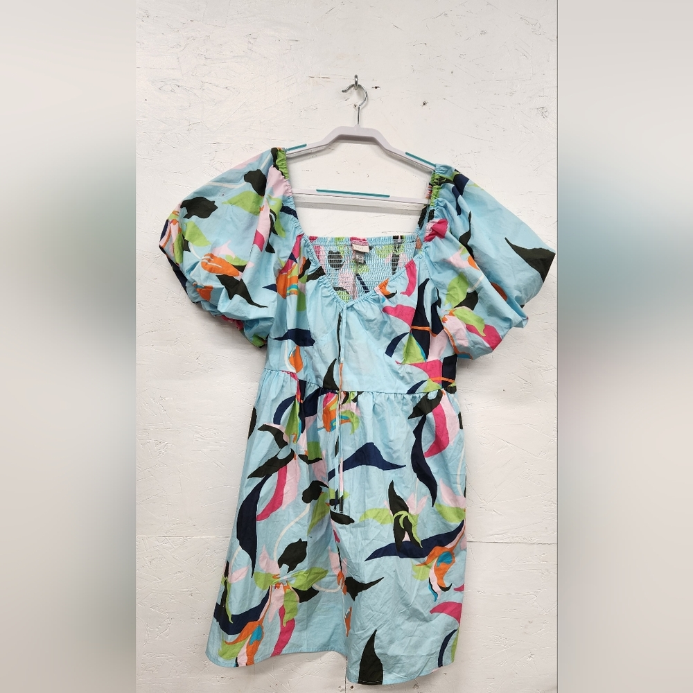 Women's Puff Short Sleeve Dress - A New Day Blue Floral XXL